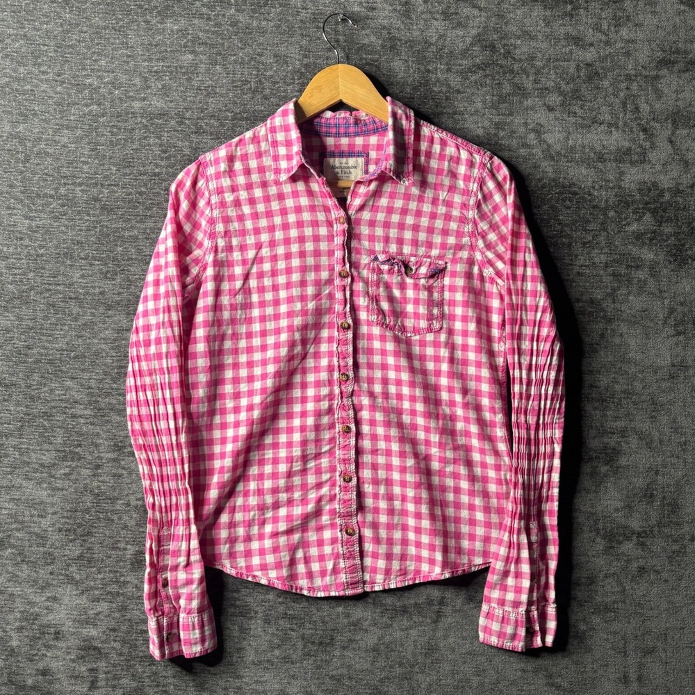 Abercrombie & Fitch Women's Pink Gingham Button Down Shirt M Long Sleeve Y2K